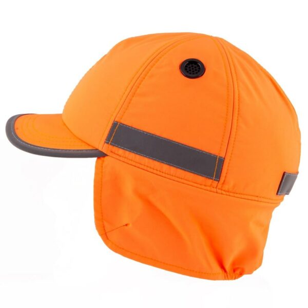 Gorra de seguridad de invierno GERF SAFETY naranja neón con alta visibilidad, orejeras y carcasa protectora de ABS.