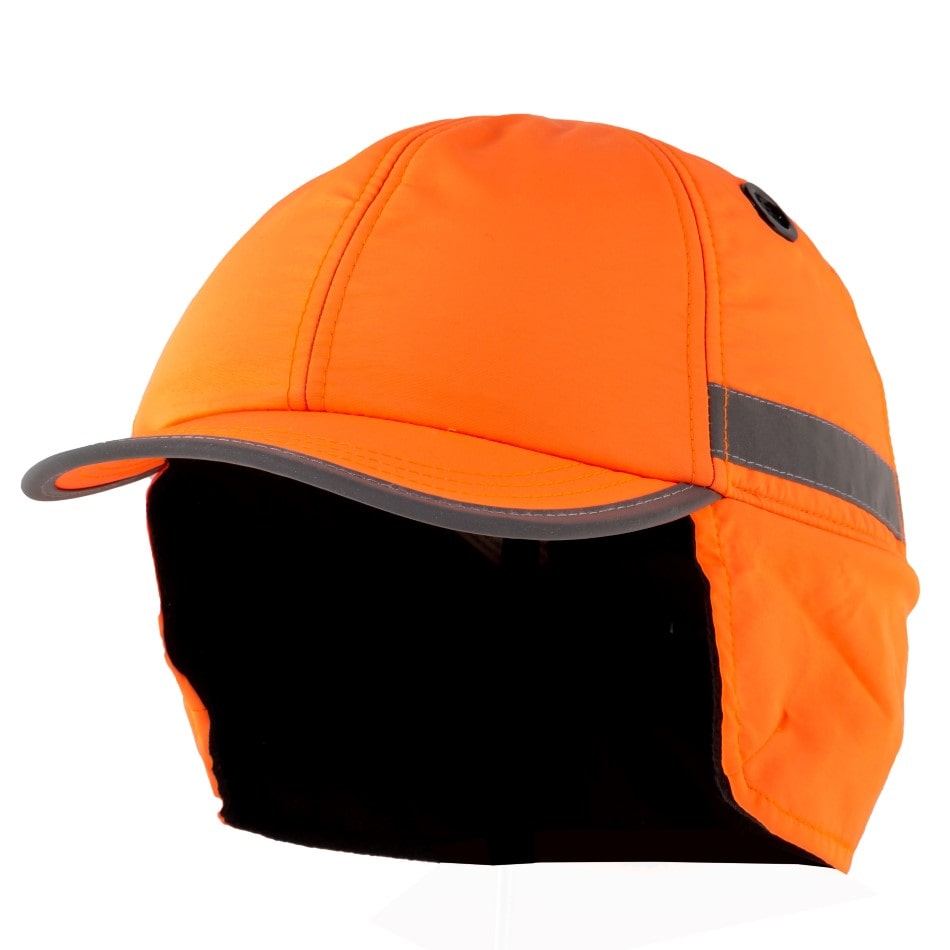 Gorra de seguridad de invierno GERF SAFETY naranja neón con alta visibilidad, carcasa de ABS y protectores de orejas.