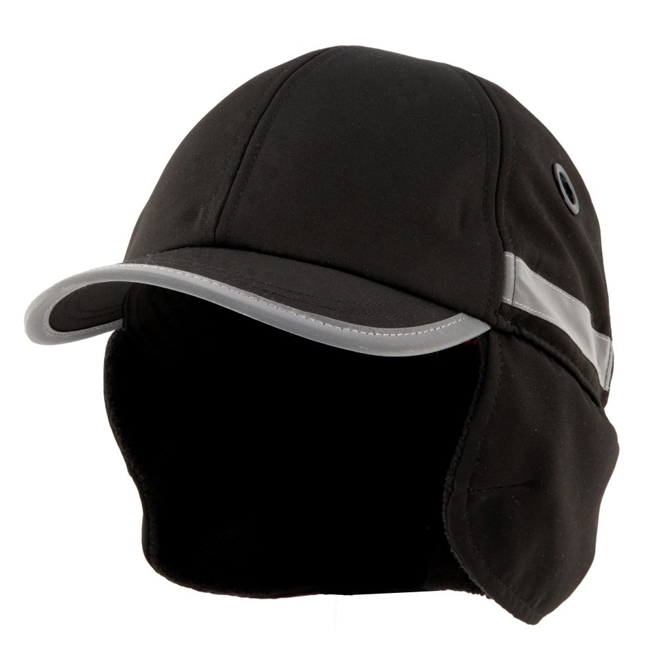 Gorra de seguridad de invierno negra GERF SAFETY con orejeras, visera y detalles reflectantes para protección laboral