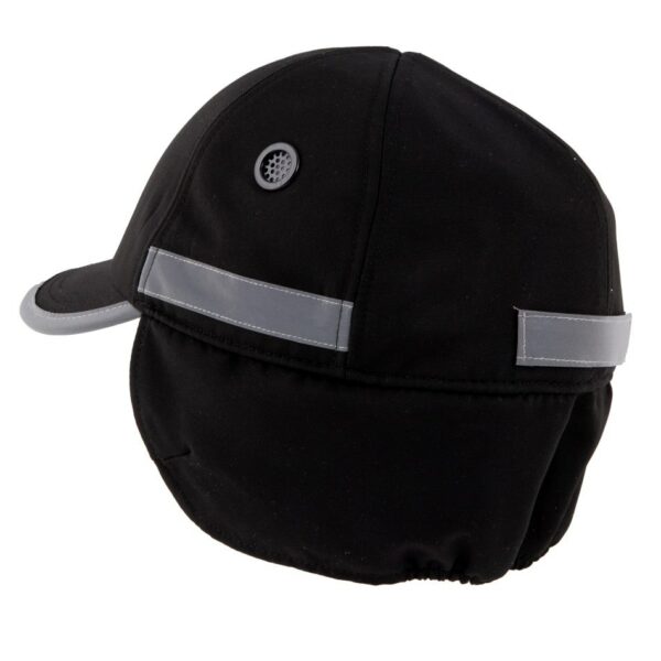 Gorra de seguridad de invierno GERF SAFETY negra con carcasa ABS, orejeras y bandas reflectantes para alta visibilidad.