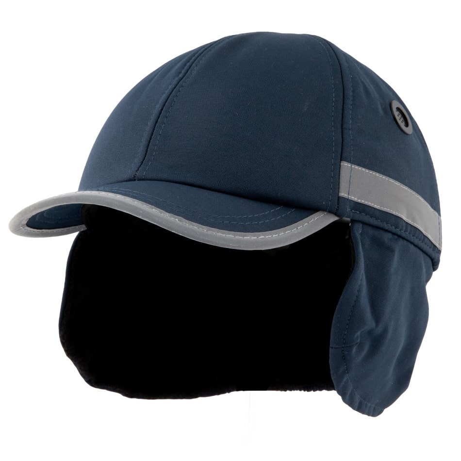 Gorra de seguridad de invierno GERF SAFETY negra con orejeras, visera y bandas reflectantes para alta visibilidad.