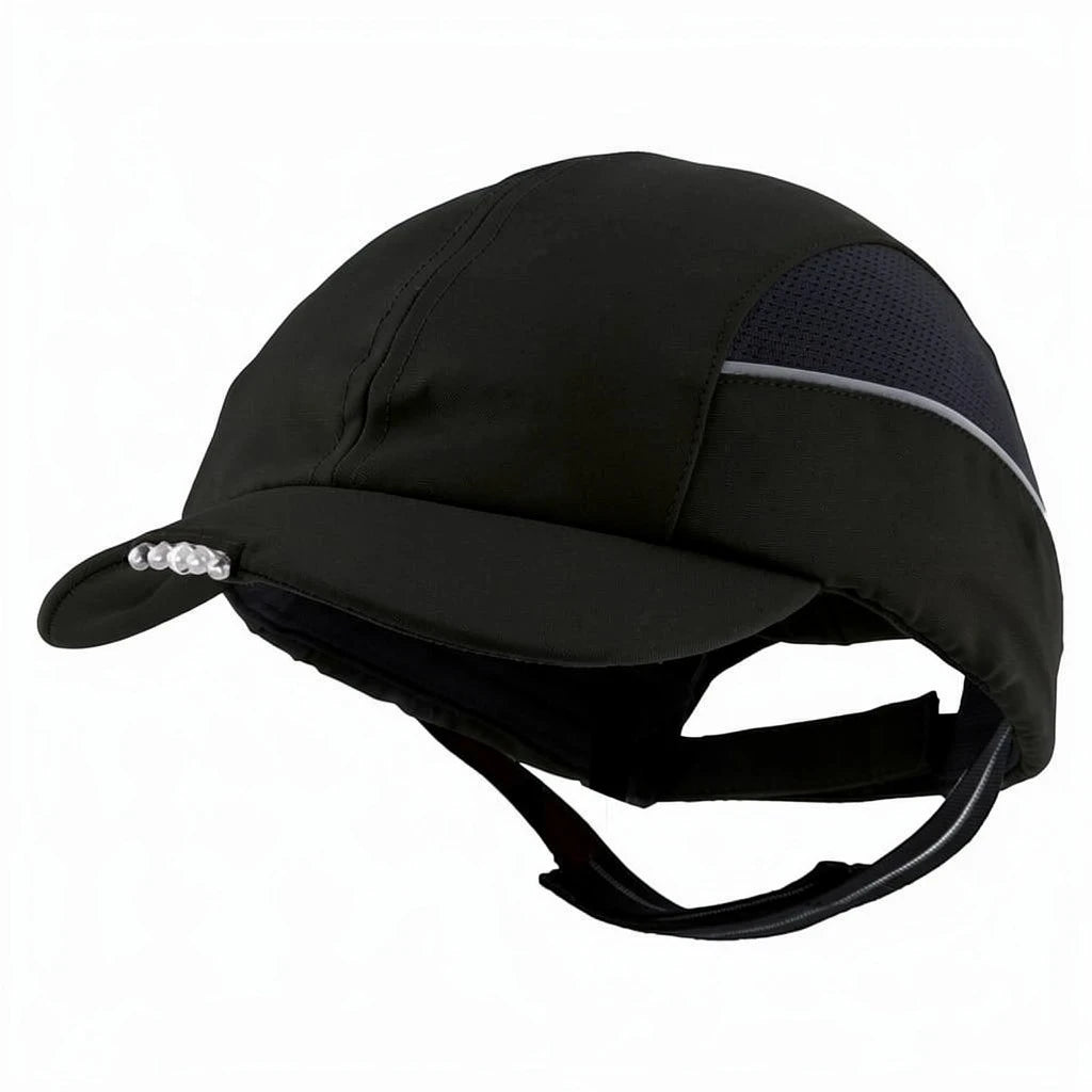 Gorra de seguridad azul marino GERF SAFETY con luces LED integradas, carcasa protectora de ABS y bandas reflectantes.