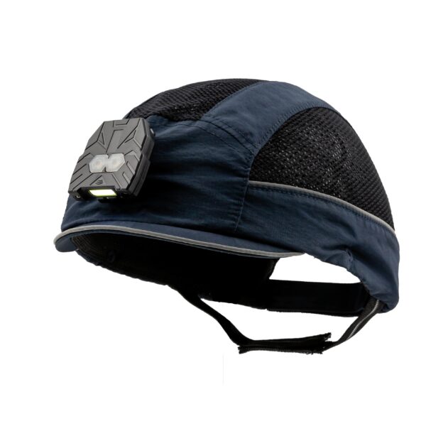 Gorra de seguridad GERF SAFETY Bump Cap azul con luz LED recargable, ventilación de malla y visera corta de 1 cm.