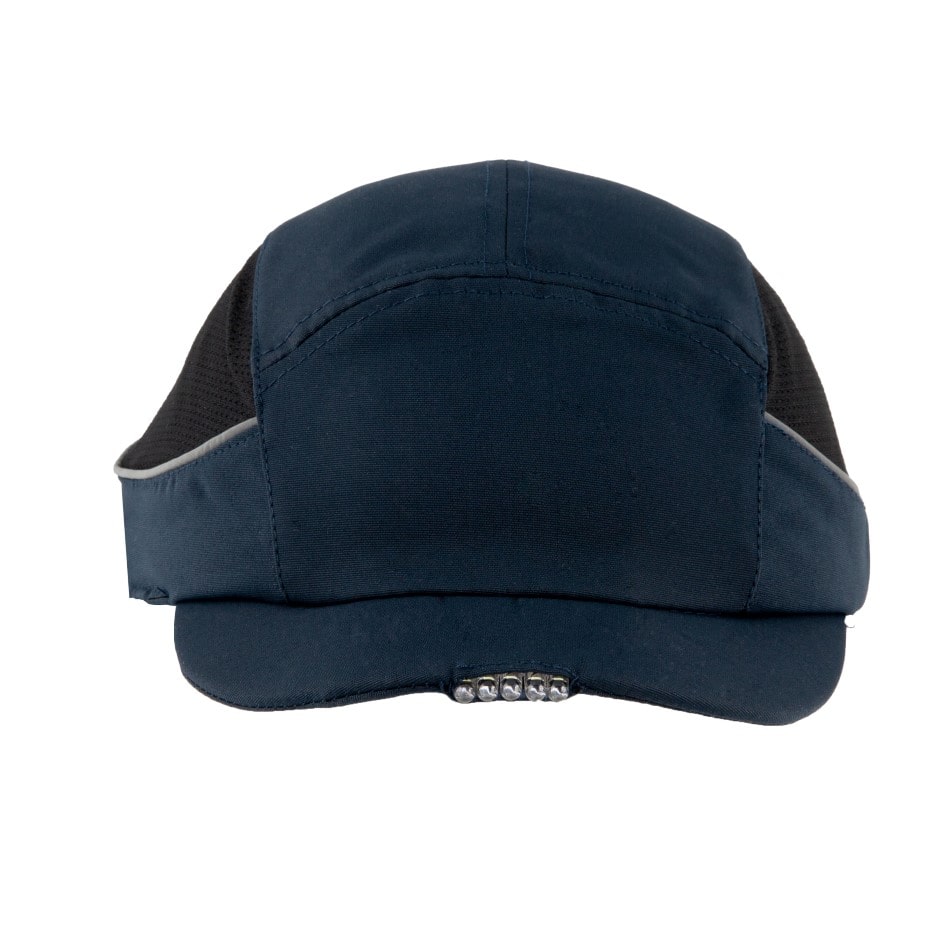Gorra de seguridad GERF SAFETY Bump Cap azul con visera corta de 3 cm, luz LED integrada y bandas reflectantes laterales.