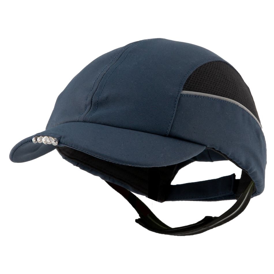 Gorra de seguridad GERF SAFETY azul marino con luces LED integradas, carcasa protectora de ABS y bandas reflectantes.