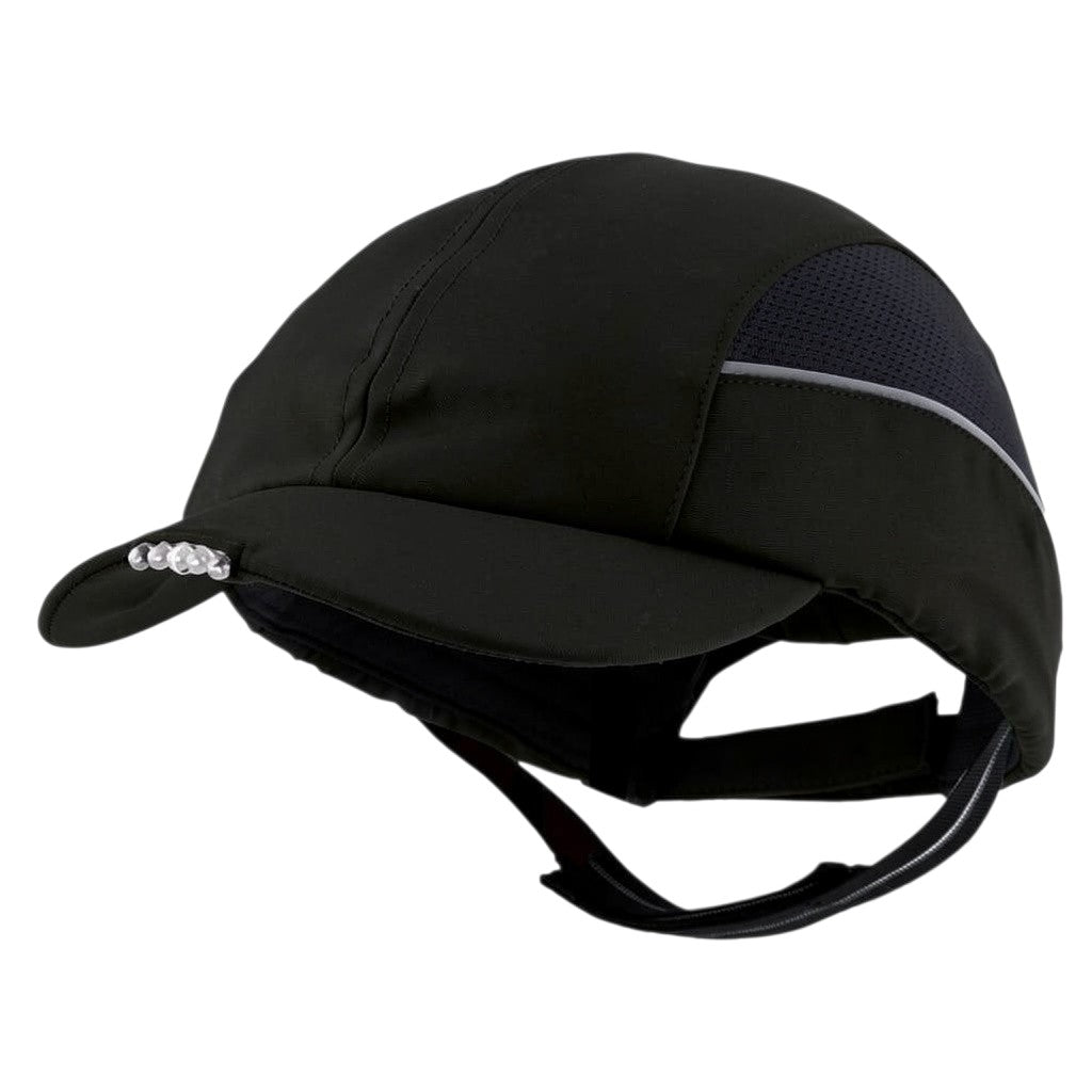 Gorra de seguridad GERF SAFETY azul marino con luces LED integradas, carcasa protectora de ABS y bandas reflectantes.