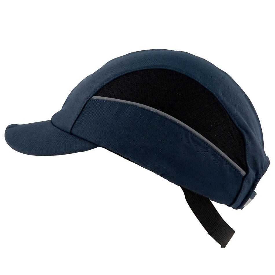 Gorra de seguridad GERF SAFETY azul marino con carcasa de ABS, bandas reflectantes y luces LED integradas.
