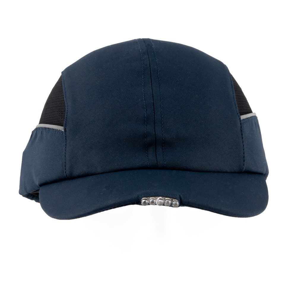 Gorra de seguridad azul marino GERF SAFETY con luces LED integradas en la visera y bandas reflectantes laterales.