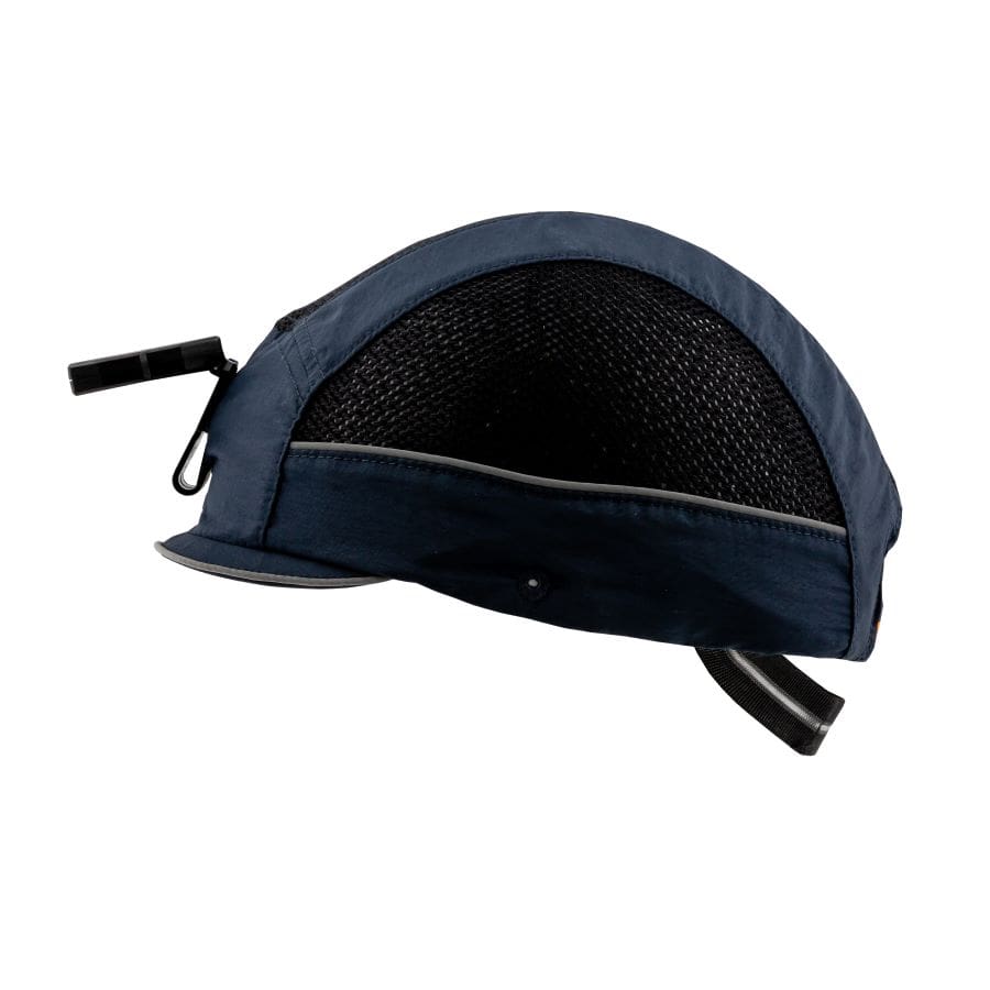Gorra de seguridad GERF SAFETY Bump Cap azul con luz LED recargable, visera corta y paneles de ventilación laterales.