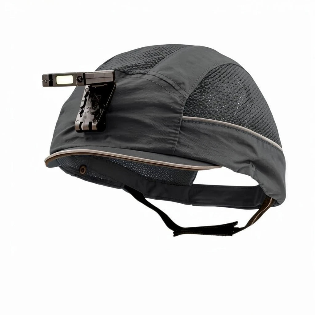 Gorra de seguridad GERF SAFETY Bump Cap gris con luz LED recargable, visera corta y paneles de ventilación laterales.