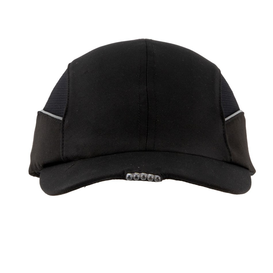 Gorra de seguridad negra GERF SAFETY con luces LED integradas, carcasa protectora de ABS y bandas reflectantes.