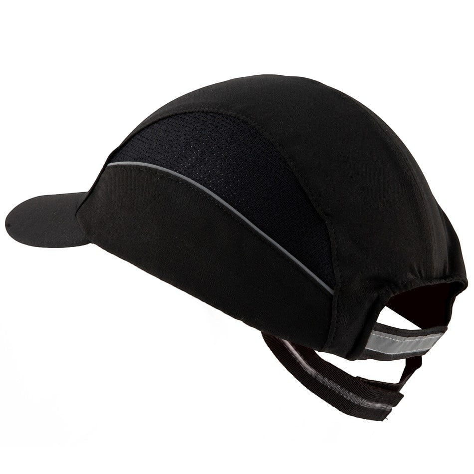 Gorra de seguridad GERF SAFETY negra con luces LED, carcasa protectora extraíble y bandas reflectantes laterales.