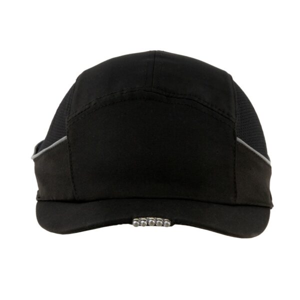 Gorra de seguridad negra GERF SAFETY con 3 luces LED integradas, bandas reflectantes y ventilación lateral.