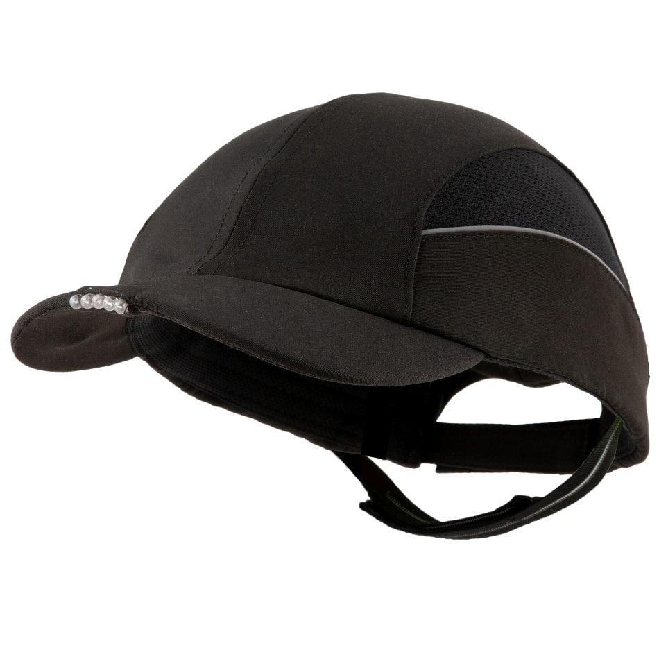 Gorra de seguridad negra GERF SAFETY con luces LED integradas, carcasa protectora de ABS y bandas reflectantes.