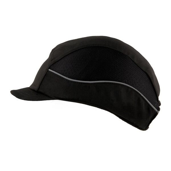 Gorra de seguridad GERF SAFETY negra con 3 LEDs, bandas reflectantes, ventilación lateral y carcasa protectora ABS.