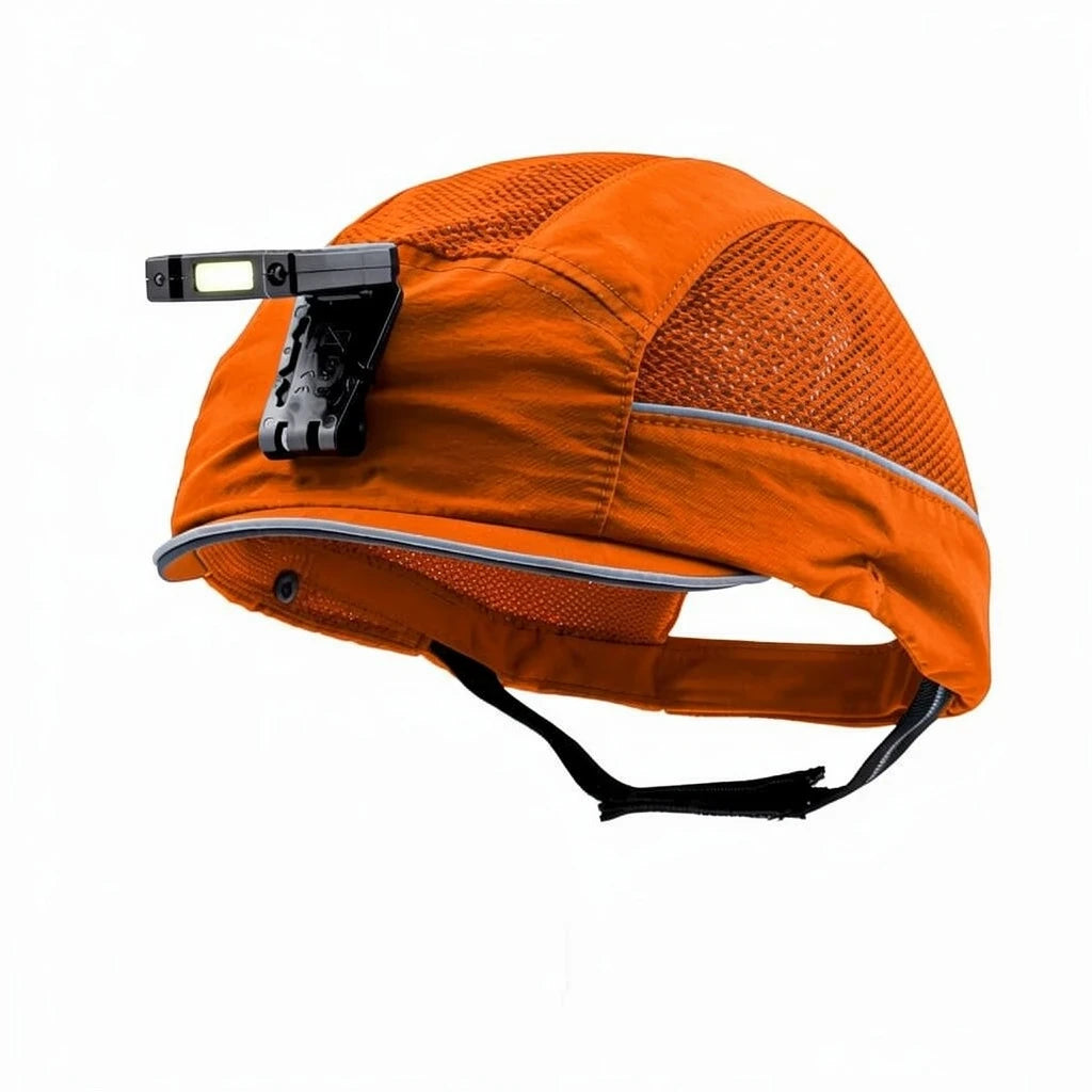 Gorra de seguridad GERF SAFETY Bump Cap naranja con luz LED recargable, visera corta y ventilación AIR STREAM.