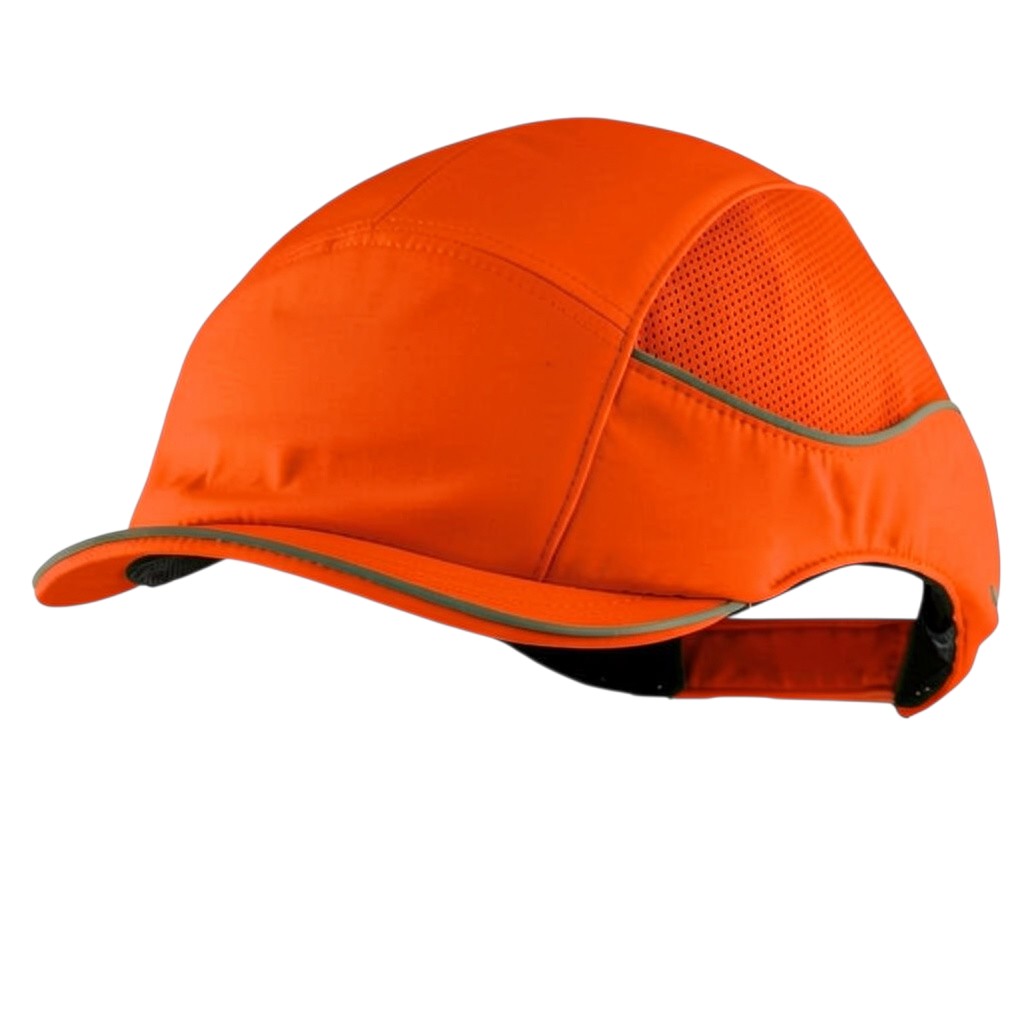Gorra de seguridad GERF SAFETY Air+ naranja neón con bandas reflectantes, carcasa ABS y visera corta de 3 cm.