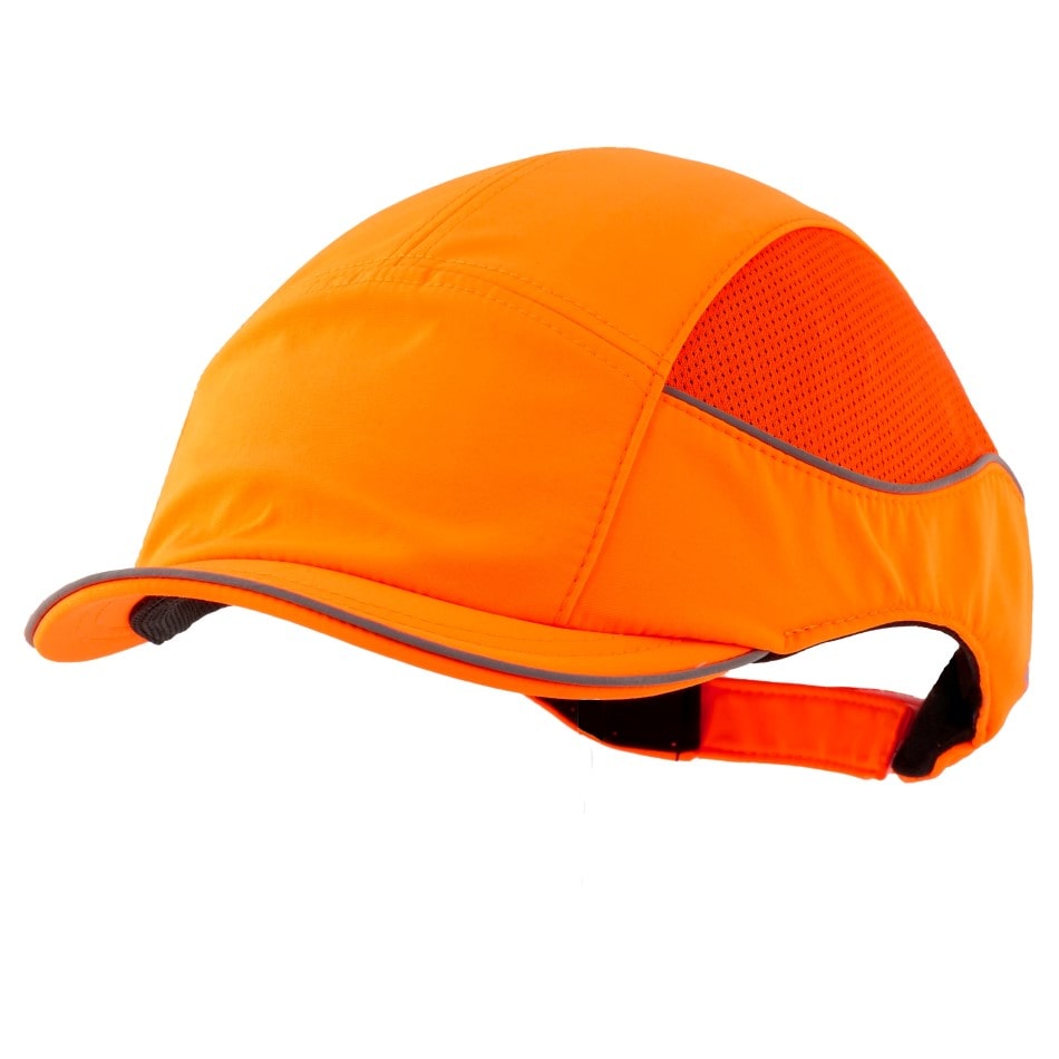 Gorra de seguridad GERF SAFETY Bump Cap Air+ naranja neón con bandas reflectantes, visera corta y ventilación lateral.