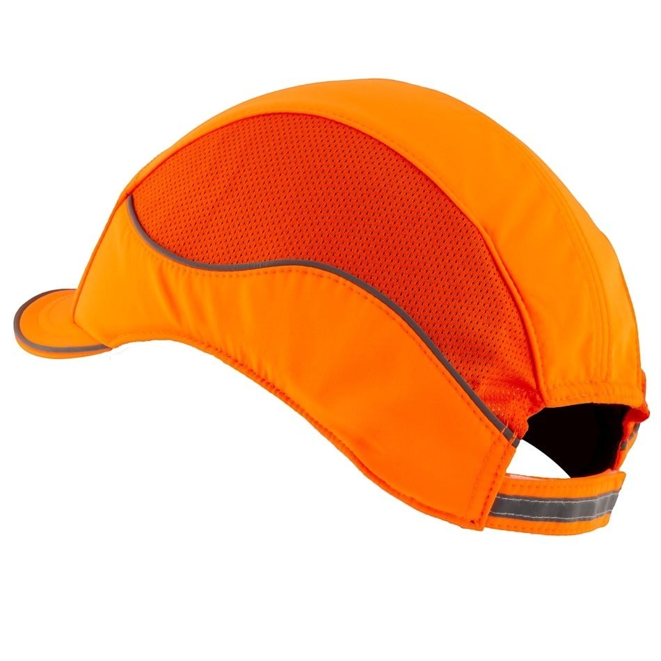 Gorra de seguridad GERF SAFETY Bump Cap Air+ naranja neón con bandas reflectantes y ventilación lateral.
