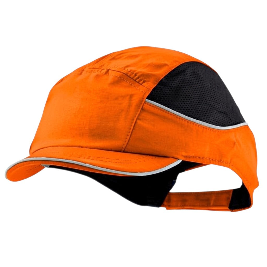 Gorra de seguridad GERF SAFETY Bump Cap Air+ naranja con visera corta, bandas reflectantes y paneles de ventilación