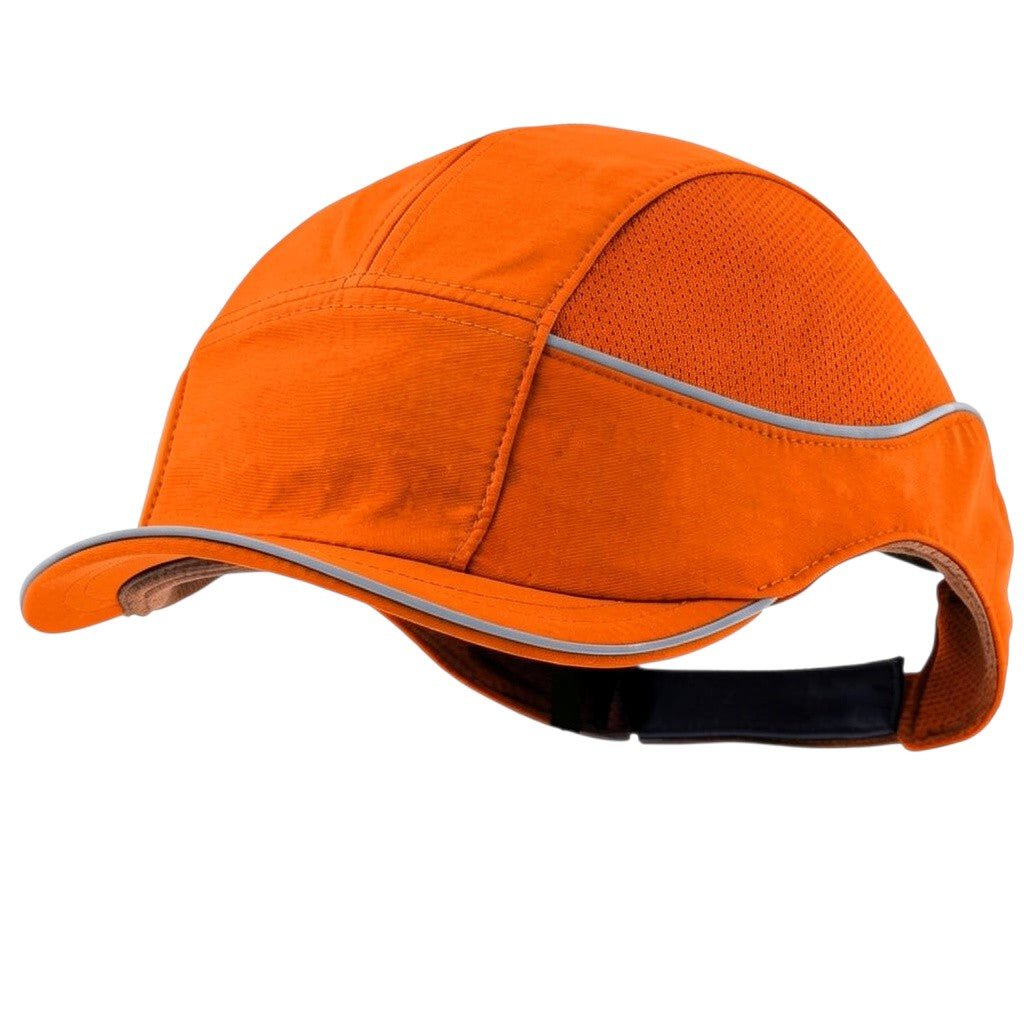 Gorra de seguridad GERF SAFETY Bump Cap Air+ naranja con visera corta, ventilación lateral y bandas reflectantes.