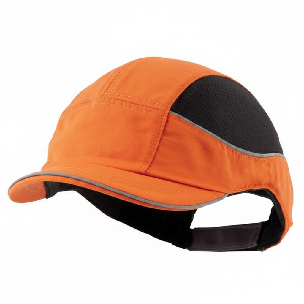 Gorra de seguridad GERF SAFETY Bump Cap Air+ naranja con visera de 3 cm, bandas reflectantes y malla transpirable.