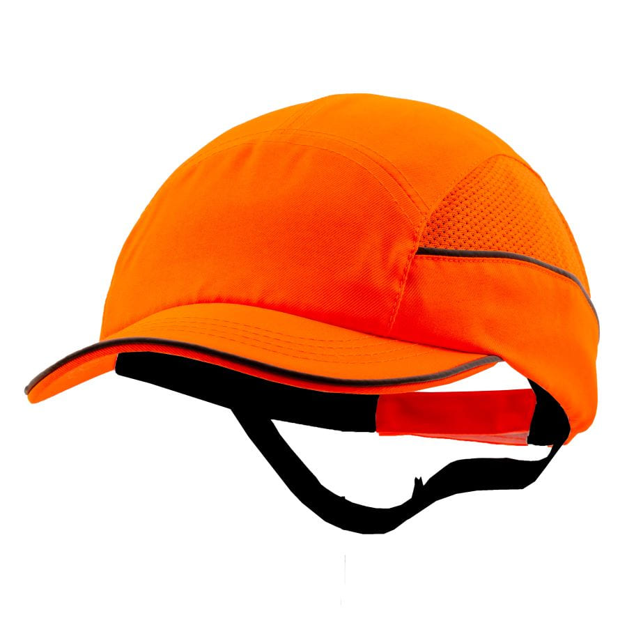 Gorra de seguridad GERF SAFETY naranja fluorescente con visera de 5 cm, bandas reflectantes y carcasa protectora ABS.