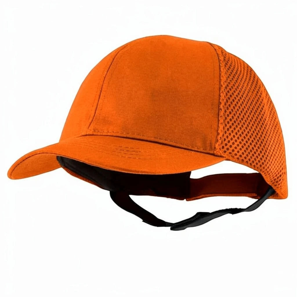 Gorra de seguridad naranja GERF SAFETY con carcasa ABS, visera de 5 cm, malla trasera y elástico de soporte.