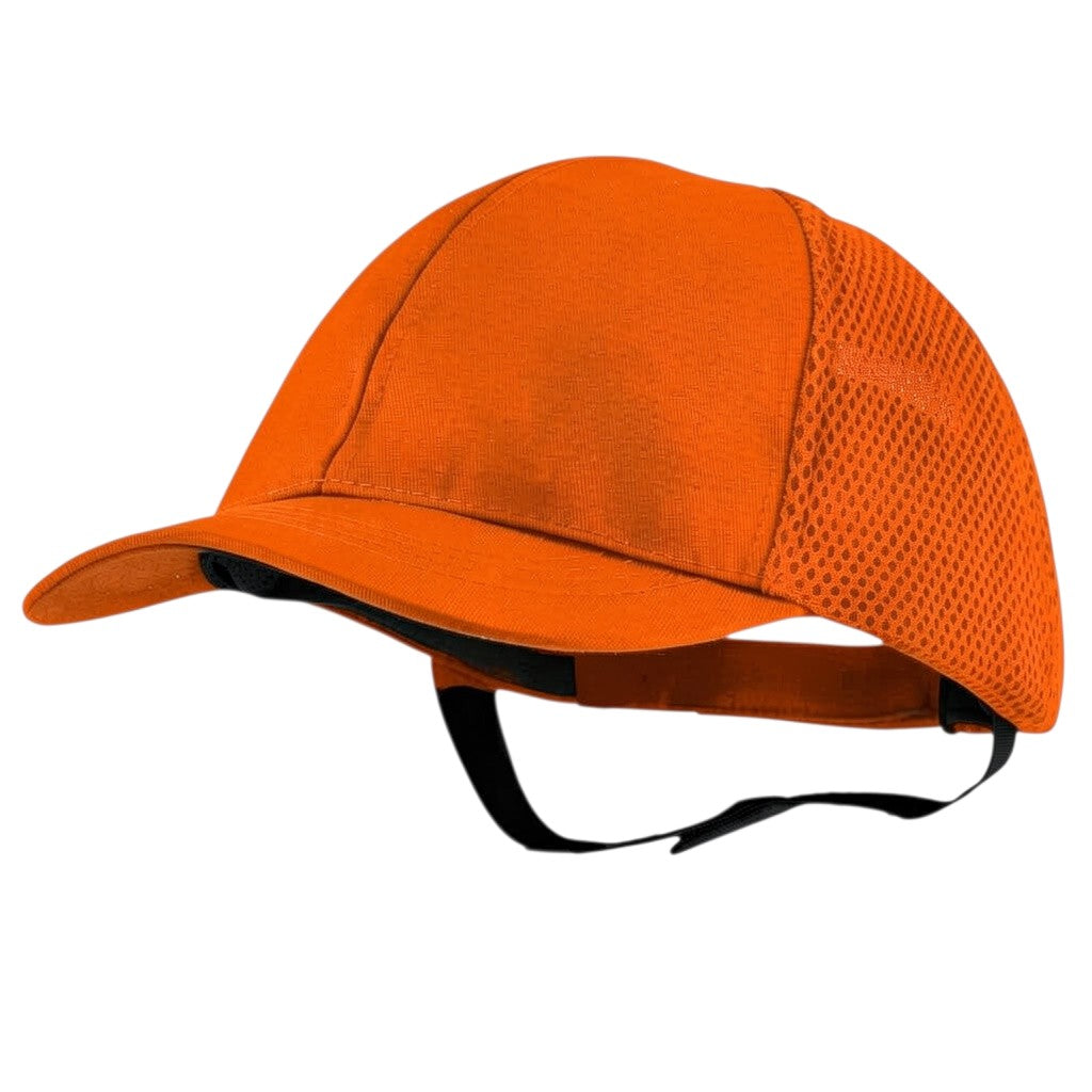 Gorra de seguridad GERF SAFETY Bump Cap naranja con visera de 5 cm, malla transpirable y elástico de soporte.