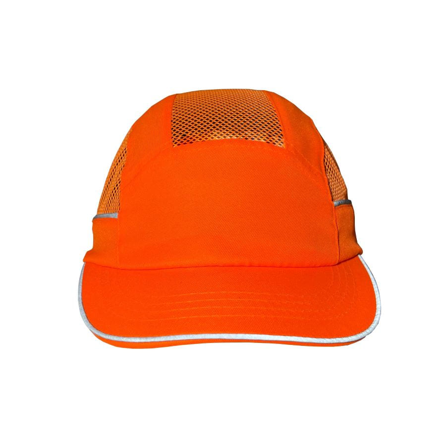 Gorra de seguridad GERF SAFETY naranja fluorescente con visera de 5 cm, bandas reflectantes y malla de ventilación