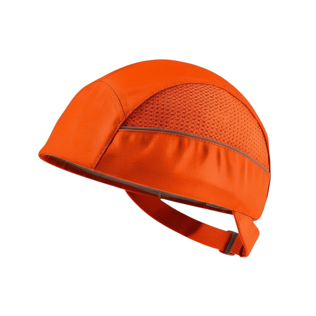 Gorra de seguridad GERF SAFETY naranja sin visera con carcasa extraíble, bandas reflectantes y ventilación lateral.