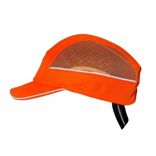 Gorra de seguridad GERF SAFETY naranja fluorescente con visera de 5 cm, bandas reflectantes y malla de ventilación.