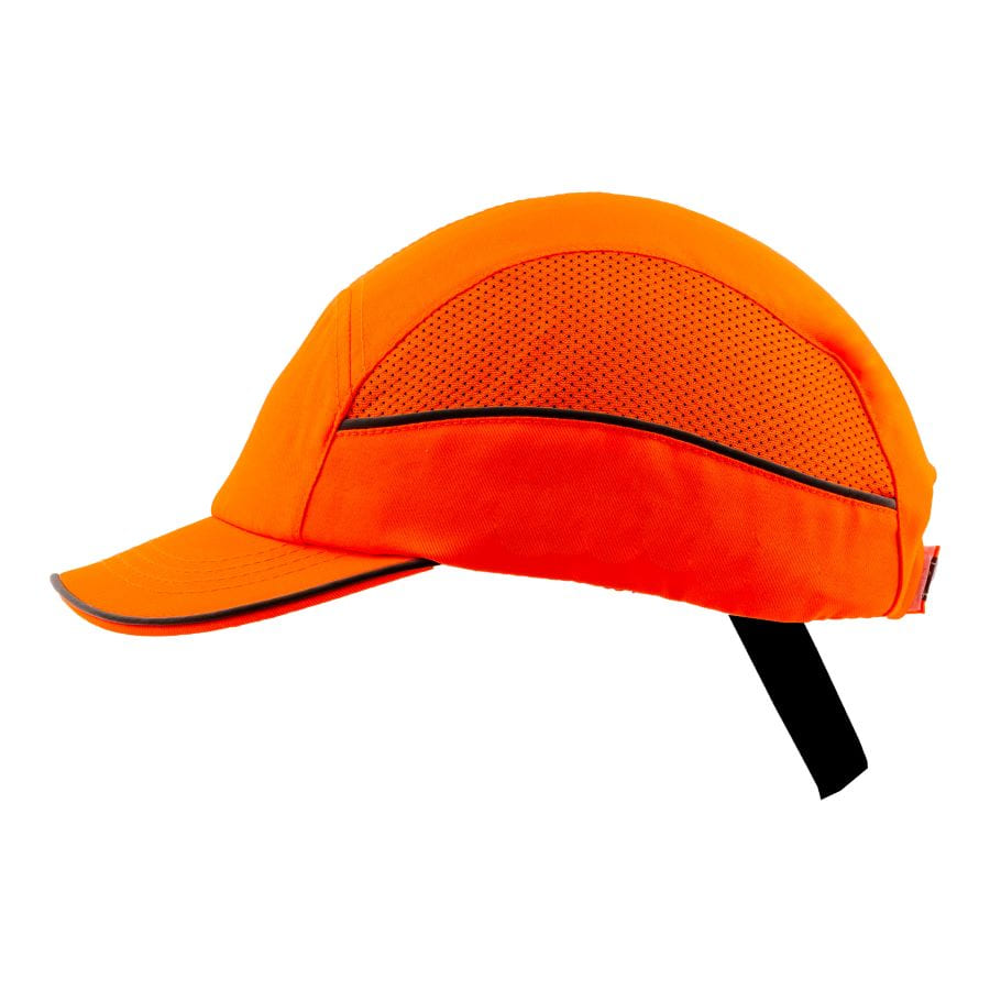Gorra de seguridad GERF SAFETY naranja fluorescente con visera de 5 cm, bandas reflectantes y ventilación lateral.