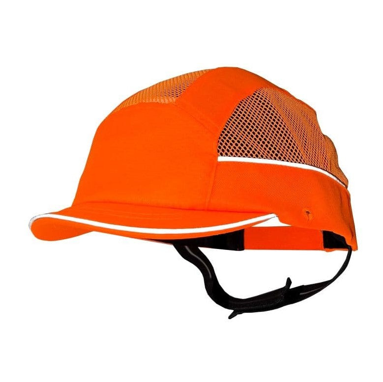 Gorra de seguridad GERF SAFETY naranja fluorescente con ventilación, visera de 3 cm y bandas reflectantes.