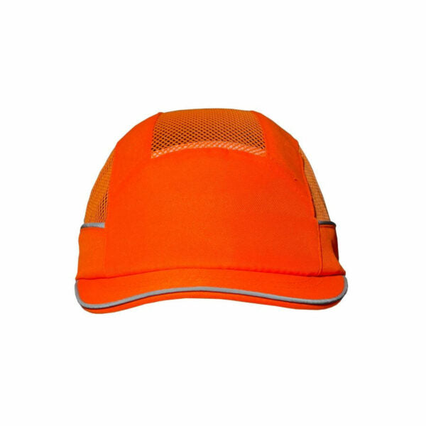 Gorra de seguridad GERF SAFETY Bump Cap naranja fluorescente con ventilación, visera de 3 cm y bandas reflectantes.