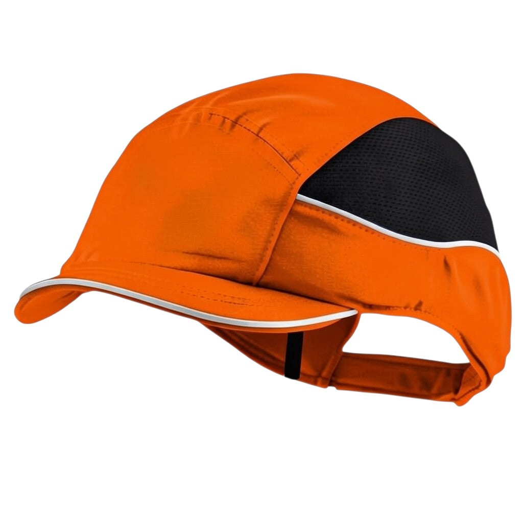 Gorra de seguridad GERF SAFETY Bump Cap Air+ naranja con visera corta, ventilación lateral y bandas reflectantes.