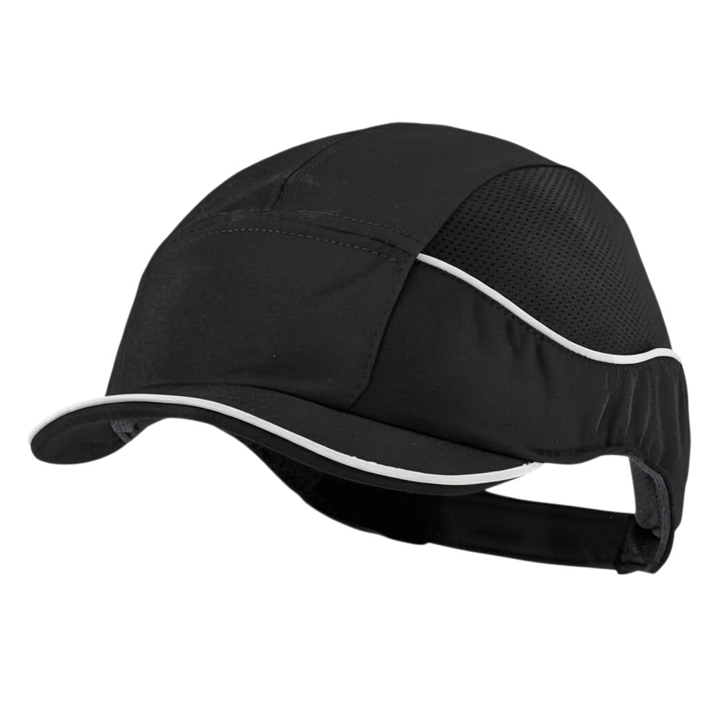 Gorra de seguridad GERF SAFETY Bump Cap Air+ negra con visera corta de 3 cm, bandas reflectantes y malla transpirable.