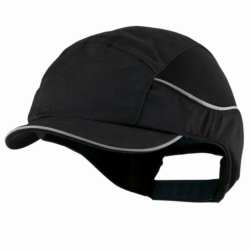 Gorra de seguridad GERF SAFETY Bump Cap Air+ negra con visera de 3 cm, bandas reflectantes y malla transpirable.