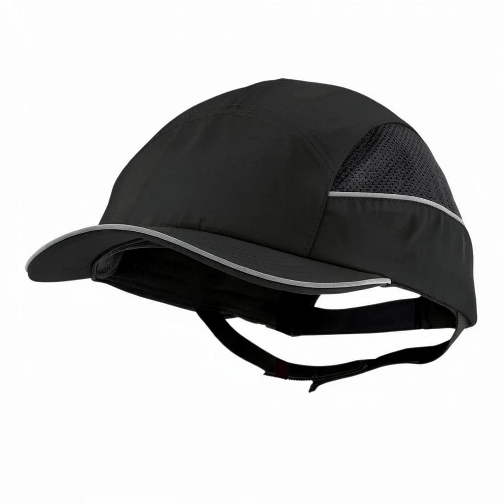 Gorra de seguridad GERF SAFETY con carcasa extraíble, bandas reflectantes y ventilación lateral en color negro.