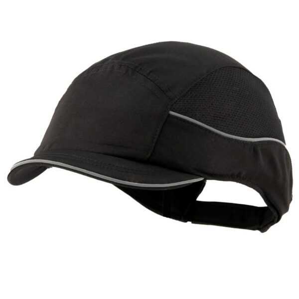 Gorra de seguridad GERF SAFETY Bump Cap Air+ negra, hiperventilada con visera corta y bandas reflectantes.