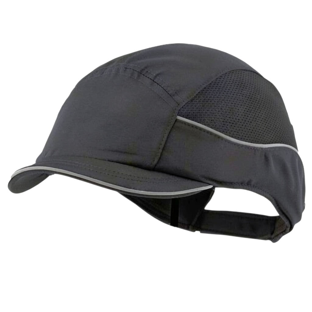 Gorra de seguridad GERF SAFETY Bump Cap Air+ negra con visera corta de 3 cm, bandas reflectantes y malla transpirable.