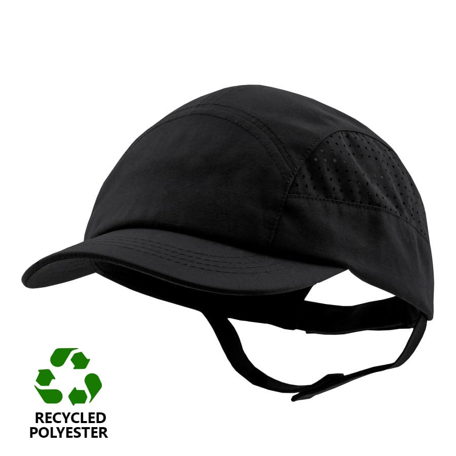 Gorra de seguridad GERF SAFETY negra de poliéster reciclado con carcasa extraíble y visera de 5 cm para protección.