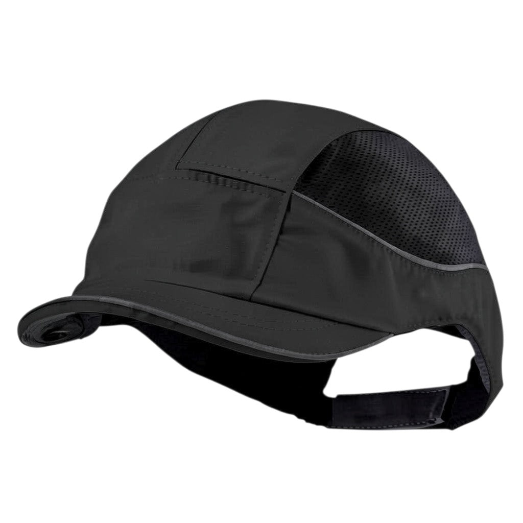 Gorra de seguridad GERF SAFETY Bump Cap Air+ negra, hiperventilada con visera corta de 3 cm y bandas reflectantes.