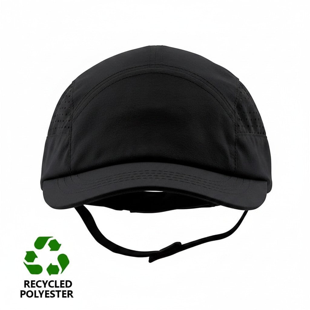 Gorra de seguridad GERF SAFETY negra de poliéster reciclado con carcasa extraíble y visera de 5 cm, norma EN 812:2012.