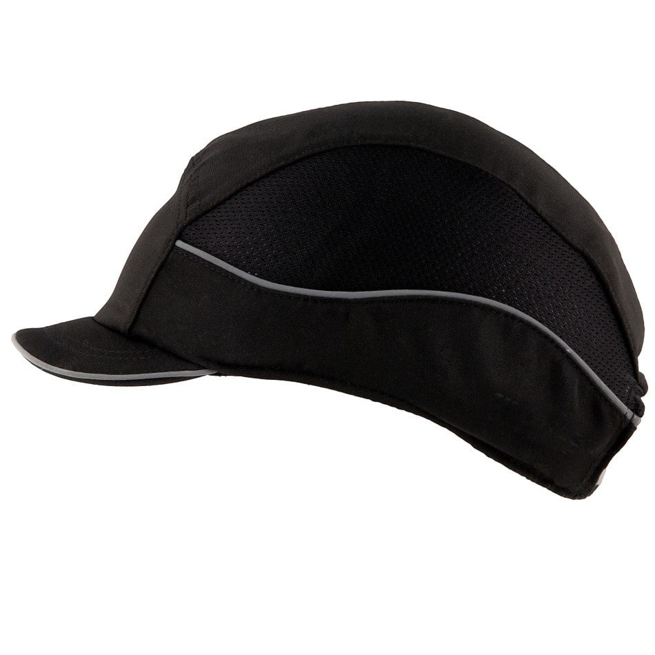 Gorra de seguridad GERF SAFETY Bump Cap Air+ negra con visera corta de 3 cm, bandas reflectantes y malla transpirable.