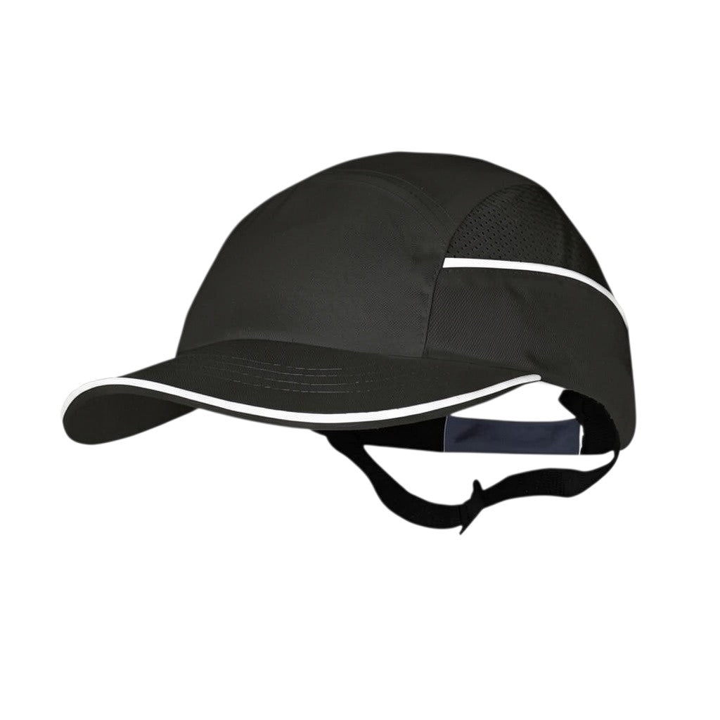 Gorra de seguridad GERF SAFETY negra con carcasa ABS extraíble, visera de 5 cm y bandas reflectantes para alta visibilidad.