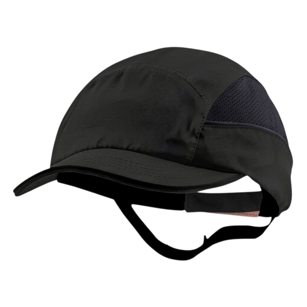 Gorra de seguridad GERF SAFETY negra con carcasa ABS extraíble, visera de 5 cm y paneles laterales de malla transpirable.