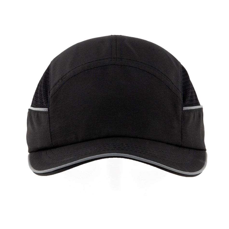 Gorra de seguridad GERF SAFETY negra con carcasa ABS, bandas reflectantes y visera de 5 cm para protección industrial.
