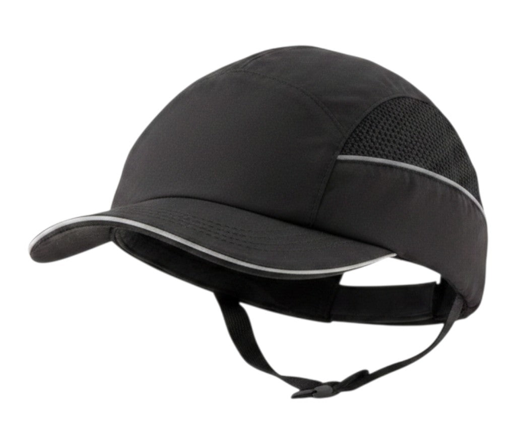Gorra de seguridad GERF SAFETY negra con carcasa ABS extraíble, bandas reflectantes y visera de 5 cm.