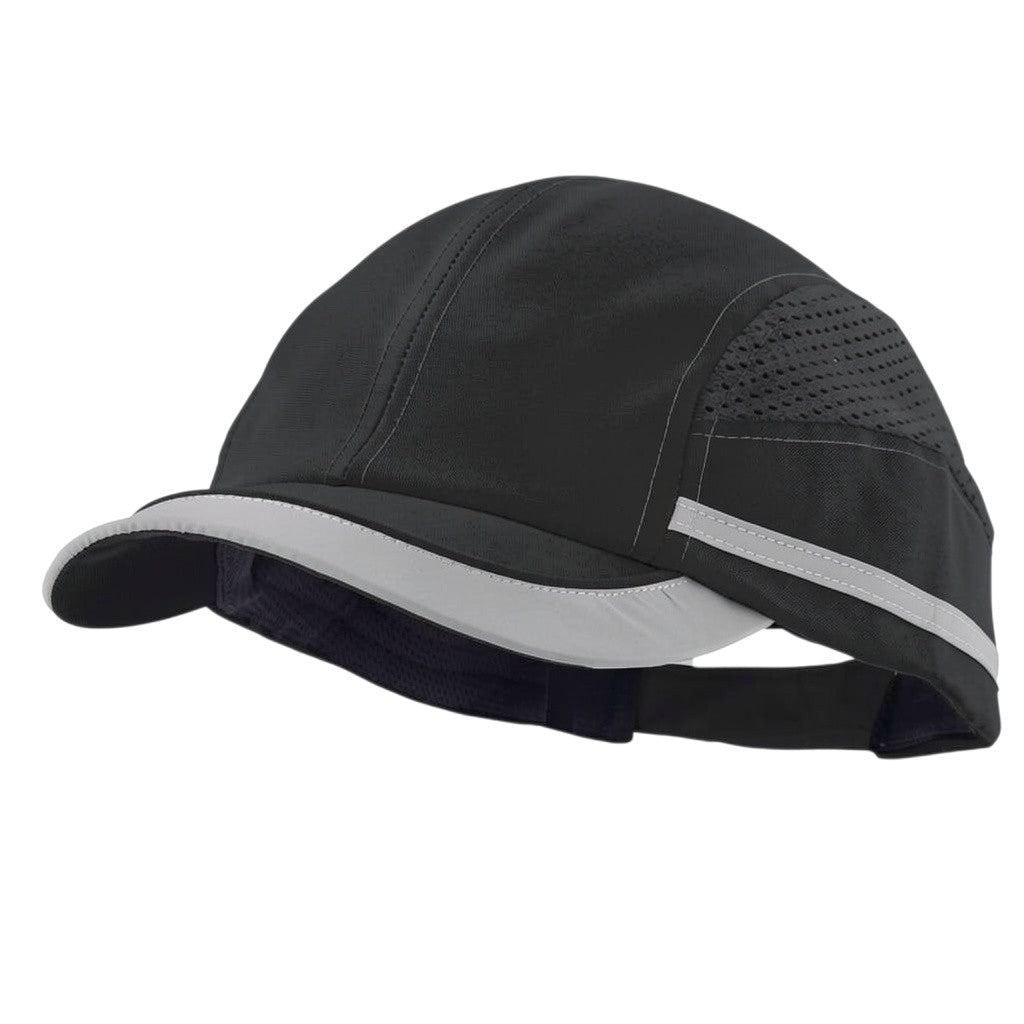 Gorra de seguridad GERF SAFETY con carcasa protectora, color negro, visera de 5 cm y bandas reflectantes laterales.